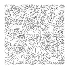 Dinosaurs. Vector illustration in doodle style. Hand drawn. Linear. Black and white