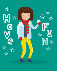 Fototapeta na wymiar Girl in winter clothes with a snowball in her hands. Flat winter vector illustration with lettering.