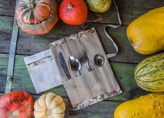Portable zero waste cutlery kit with vintage autumn style background