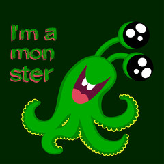 Vector t-shirt print design. Illustration with inscription and monster. Print t-shirts, background for children, stylish clothes, vintage print. Monster artwork. Hand Drawn vector illustration.