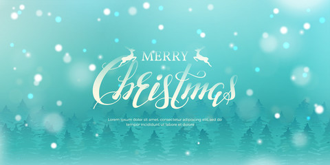 Vector horizontal illustration with forest of fir trees, text “Merry Christmas” and snowfall. Simple festive marine blue background with lettering and snow for design of flyer and banners.