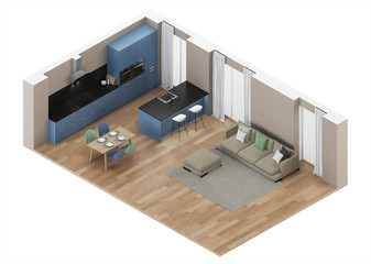 Modern house interior. Blue Kitchen. Orthogonal projection. View from above. 3D rendering.