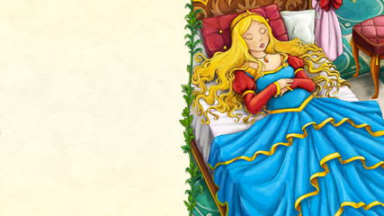 cartoon fairy tale scene with space for text - beautiful young girl princess or queen looking - illustration for children