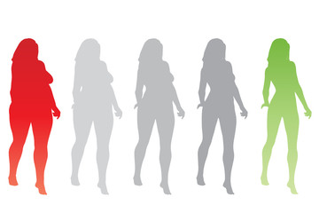 Conceptual fat overweight obese female vs slim fit healthy body after weight loss or diet with muscles thin young woman isolated. Fitness, nutrition or fatness obesity, health silhouette shape