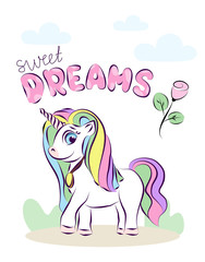 Postcard happy unicorn. Sweet dreams.