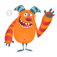 Happy cool cartoon fat monster. Horned vector monster character