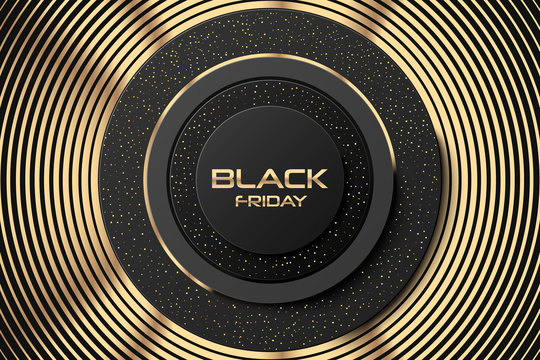 Black Friday sale poster or banner. Commercial discount event golden banner. Black abstract background with stepped rings geometric shapes pattern. Vector business illustration. Ads sign.