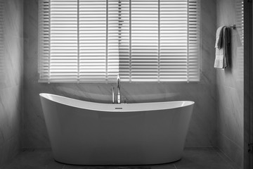 Luxury bathroom interior with beautiful white bathtub.