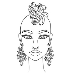 Doodle girl with shaved head and earrings. Womens portrait for adult coloring book. Vector illustration.