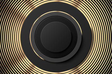 Abstract golden black poster or banner. Golden rings and black button banner. Gold abstract background with stepped rings geometric shapes pattern. Vector business illustration Ads template.