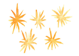 Set of simple abstract yellow sparkles painted in bright pink watercolor on clean white background - 228478437