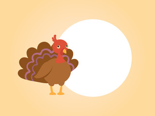 Card frame design with cartoon funny turkey and white round as background for greeting. Thanksgiving holiday card on white background. Flat vector turkey illustration.