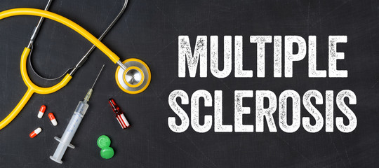 Stethoscope and pharmaceuticals on a blackboard - Multiple Sclerosis