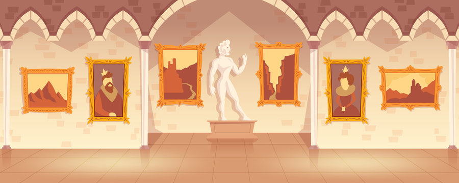 Vector Museum Exhibition Of Paintings On Walls And Antique Statue, Art Gallery In Medieval Palace. Empty Castle Hall Or Ballroom With Collection Of Pictures, Interior Inside. Cartoon Game Background