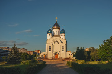 Fototapeta premium Orthodox Church in sunset lights, view of Parish of the Church of the Resurrection of Christ