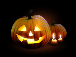 Halloween background with pumpkins and candles. High detailed realistic illustration