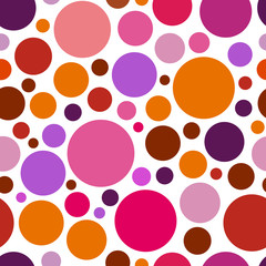 Bright red, orange and violet circle. Chaotic Seamless pattern round. colorful graphic dots or drops. Isolated on white background.