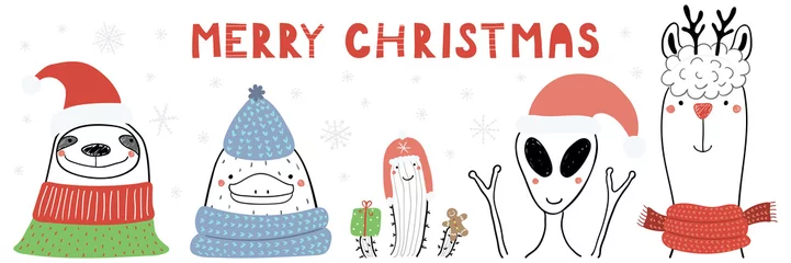 Deurstickers Hand drawn vector illustration of a cute funny sloth, platypus, cactus, alien, llama, text Merry Christmas. Isolated objects on white background. Line drawing. Design concept Christmas card, invite. © Maria Skrigan
