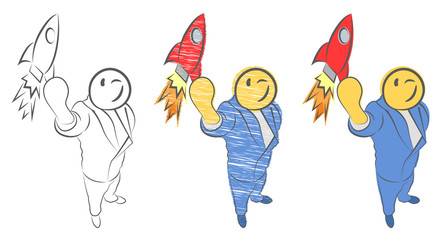 Businessman holding a rocket. Guy launches rocket into the sky. Employee performs the start-up of the spacecraft. Start up concept. Hand drawn cartoon doodle vector illustration. Funny person.
