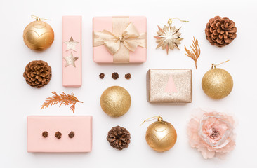 Pink and gold christmas gifts isolated on white background. Wrapped xmas boxes, christmas...