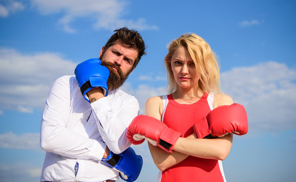 Marriage As Test Of Feelings. Stand For Your Point View. Couple In Love Boxing Gloves Sky Background. Man And Girl After Fight. Family Life Reconciliation And Compromise. Marriage Everyday Struggle