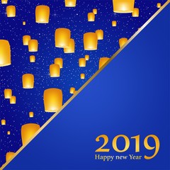 New year greetings for year 2019 with bright blue background with glowing stars with yellow lights and flying chinese lucky lanterns with clematis with number 