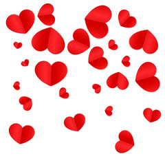 Red paper hearts confetti background.