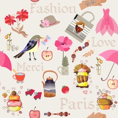 Seamless background with cute cartoon bird, envelope, heart, bag, dress, hat, umbrella, roller skates, cakes, cup of tea, apples, strawberry, flowers and words Paris, fashion, merci, love. Fabric.