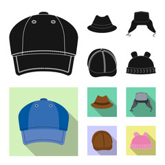 Vector illustration of headgear and cap logo. Set of headgear and accessory stock symbol for web.