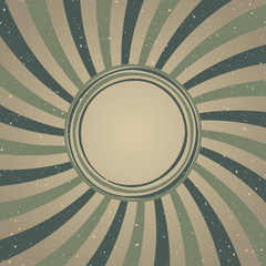 Sunlight retro faded background with shabby round frame for text. dirty green and beige color burst background.