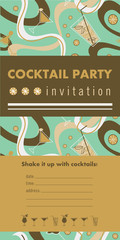 Cocktail party vertical invitation card template with gold and emerald colors.