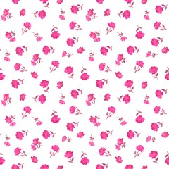 Tiny pink rose flowers isolated on white background. Seamless ditsy floral pattern in vector. Country style.