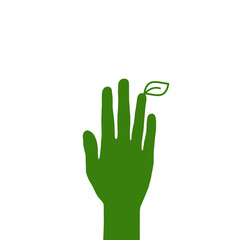 Green hand with leaf on white background. Vector illustration. Flat design. Bio. Ecology.