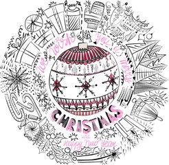 Abstract beautiful artistic graphic lovely holiday new year doodles pattern Christmas tree, presents, fireworks, deer, Christmas tree toys, garland, snowflakes vector hand illustration. Doodle design