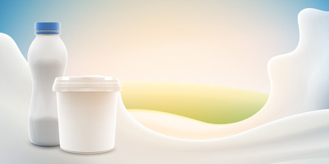 Cream or yogurt ads with blank jar and bottle on bright background with milk splash commercial product mock-up vector realistic illustration