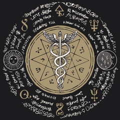 Vector banner with a hand drawn illustration of a Caduceus with an octagonal star. The staff of Hermes with two snakes with wings against the background of an old illegible manuscript. Medical symbol