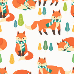 Cute foxes seamless pattern background