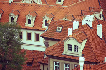 Prague view / panoramic landscape of the czech republic, Prague view with red roofs of houses from above, landscape in the European capital