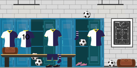 dressing room football,lockers,soccer clothes and balls,