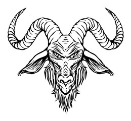 Vector illustration with a contour drawing of the head of a horned goat. The symbol of Satanism Baphomet on white background