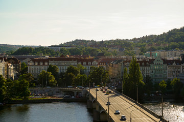 Beautiful view of Prague and river Vltava with ships, Czech Republic. Concept of cheap touristic...