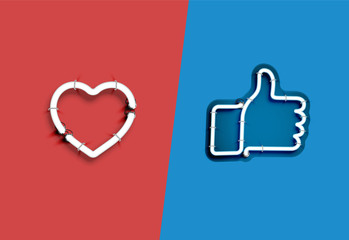 Heart and thumbs up neon signs, vector illustration