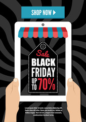 Black Friday, Electronic commerce design. Two hands holding tablet, computer device. Vector illustration