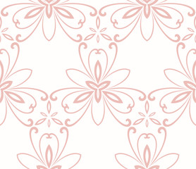 Floral vector ornament. Seamless abstract classic background with flowers. Pattern with pink repeating floral elements. Ornament for fabric, wallpaper and packaging