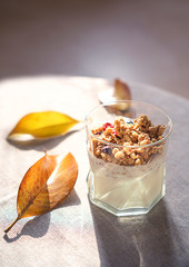 Ideas for healthy autumn breakfast. Greek yoghurt with granola, dried berries in glass and yellow leaves. Gray background with rustic style cloth. Top view copy space lifestyle blogging