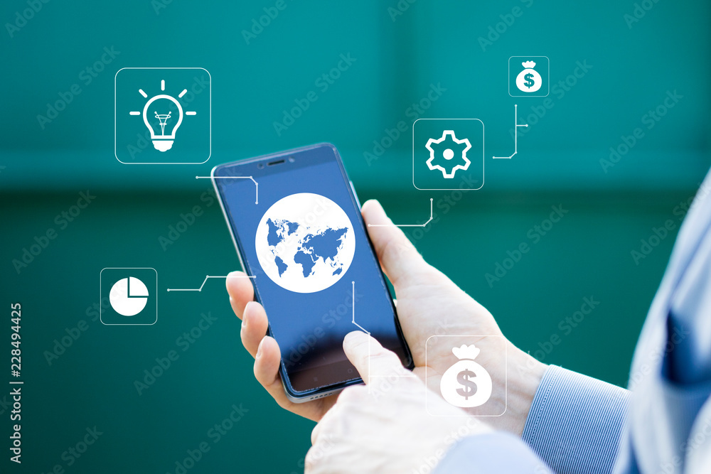 Aufkleber businessman presses button map on virtual electronic user interface new concept.