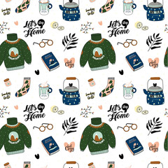 Hygge seamless pattern in vector. Cute illustration of autumn an