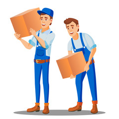 Delivery Worker In Uniform Carries A Heavy Box Vector. Isolated Illustration