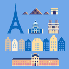 France, the city of Paris. The architecture of the city. Eiffel Tower, Notre Dame de Paris cathedral, Louvre, triumphal arch, pantheon. Set, collection.