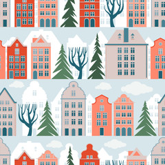 Seamless pattern with european residential houses and streets. Historic architecture. City tourism. Vector illustration.